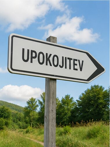 Cestni znak z napisom upokojitev kaže pot proti upokojitvi.