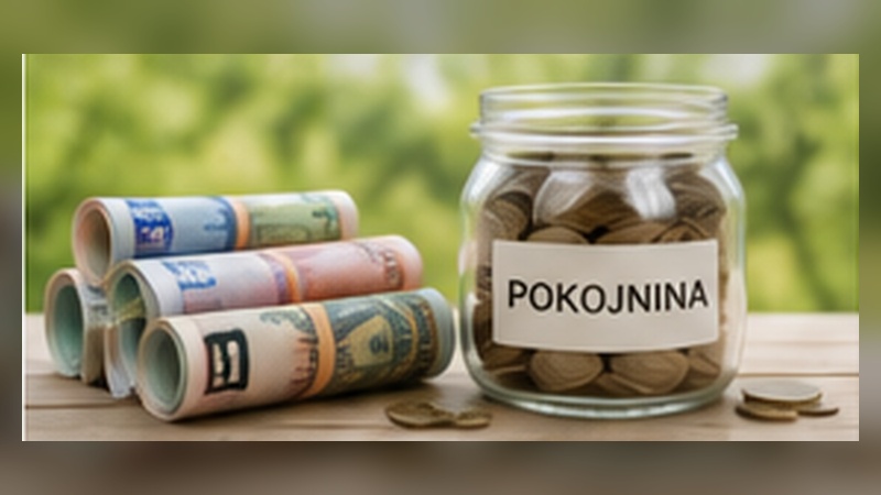 Evrski bankovci in steklen kozarec, ki ponazarjajo pokojnino iz tujine.
