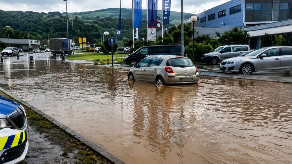 Avto na poplavljeni cesti.