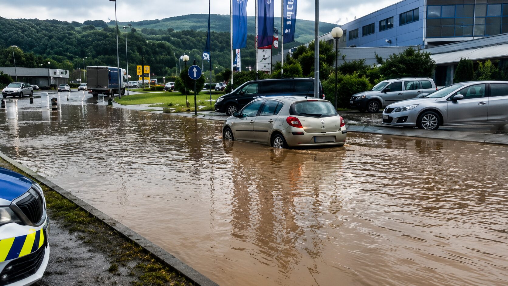 Avto na poplavljeni cesti.