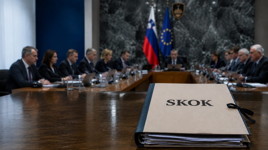 Mapa z napisom SKOK na mizi pred sejo slovenske vlade.