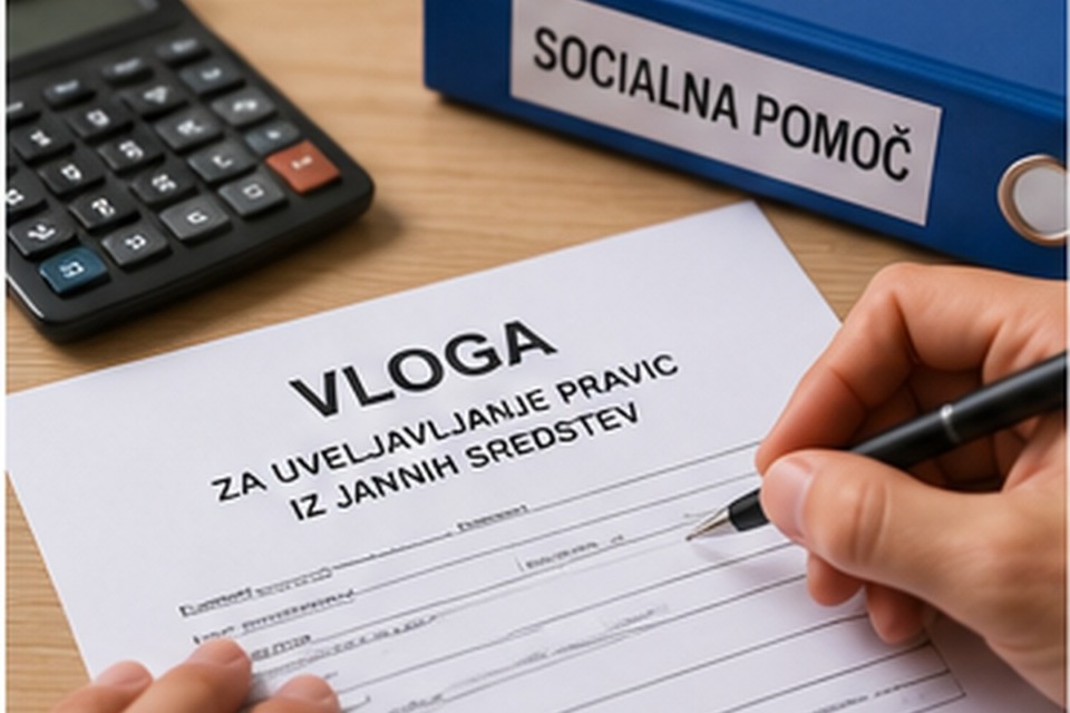 Socialna pomoč 2026: Samska oseba za mizo pregleduje odločbo o socialni pomoči 2026.