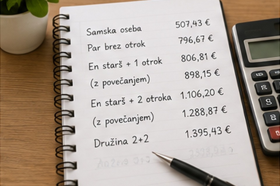Družina z otroki za mizo pregleduje račune in možnosti za socialno pomoč 2026.