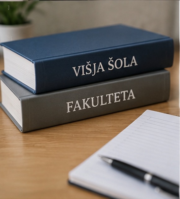 Knjigi z napisoma višja šola in fakulteta prikazujeta razliko med izobraževalnima ravnema