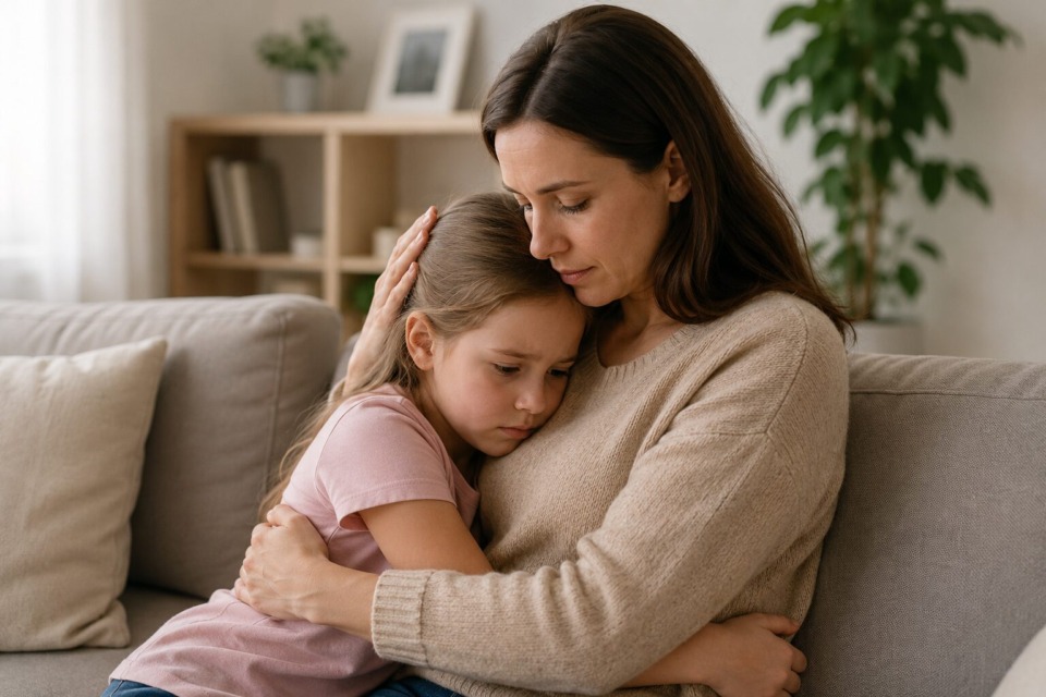 Mama tolaži otroka po izgubi družinskega člana