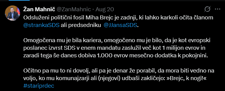 Mahnič brez zadržkov nad Brejca: »Je zadnji, ki lahko karkoli očita članom SDS ali Janezu Janši«