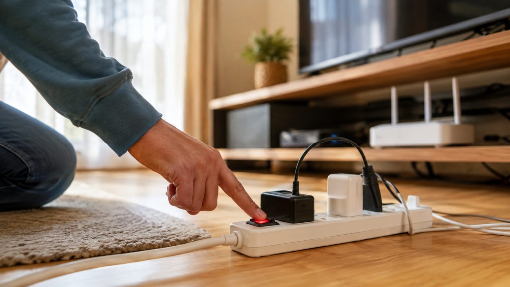 kako zmanjšati račun za elektriko: Oseba izklaplja razdelilnik z električnimi napravami v dnevni sobi.