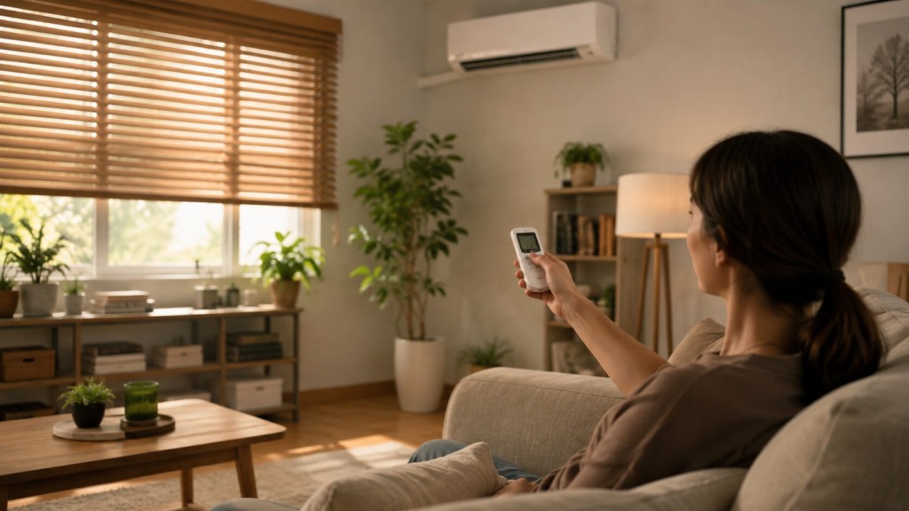 Ženska z daljincem nastavlja klimatsko napravo v dnevni sobi z delno zaprtimi senčili.