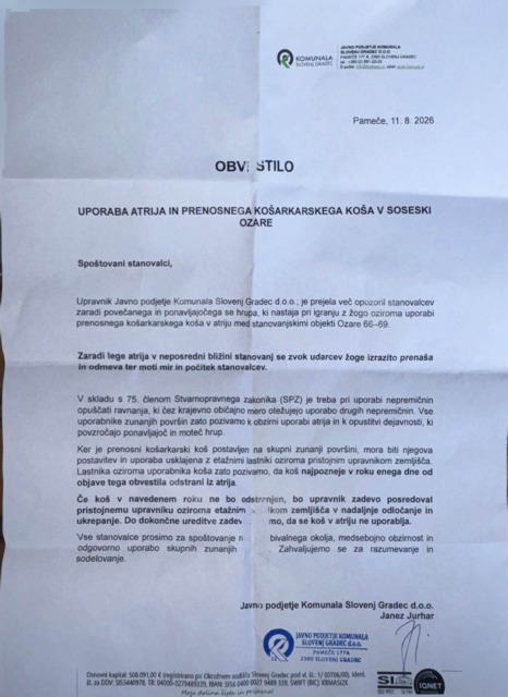 V soseski najprej zaprli igrala, zdaj zahtevajo še odstranitev košarkarskega koša: »Sram naj bo ljudi! Fuj in fej«