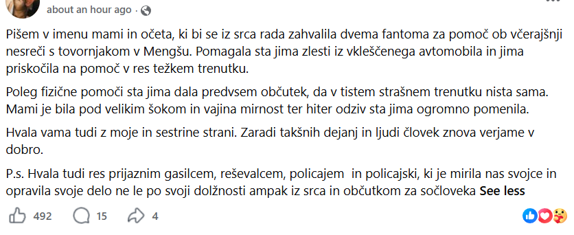 Po hudi nesreči v Mengšu se je na Facebooku oglasila hčerka ponesrečenih: »Hvala, ker sta rešila moja starša«