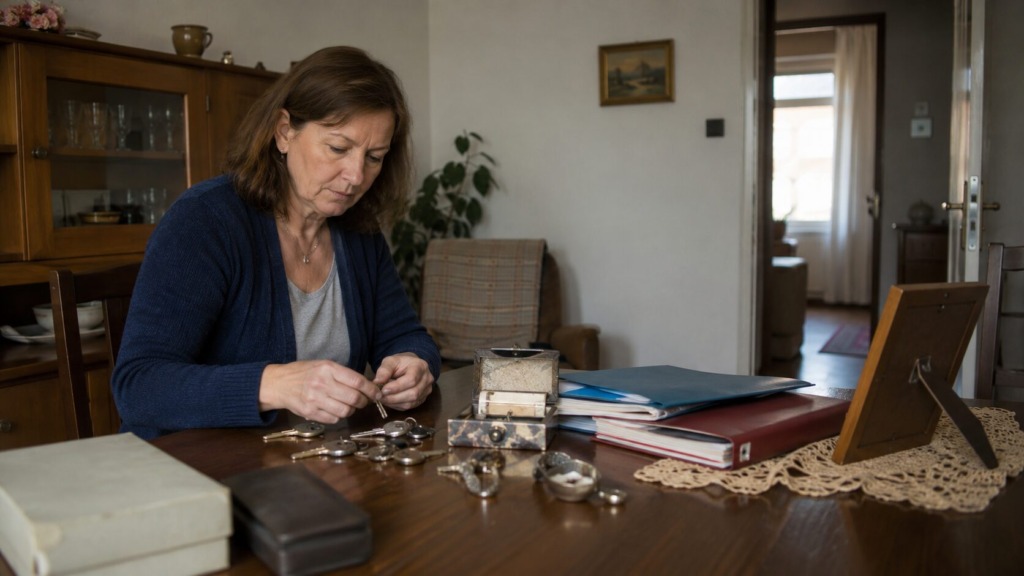 Ženska pregleduje ključe, dokumente in druge predmete iz zapuščine.