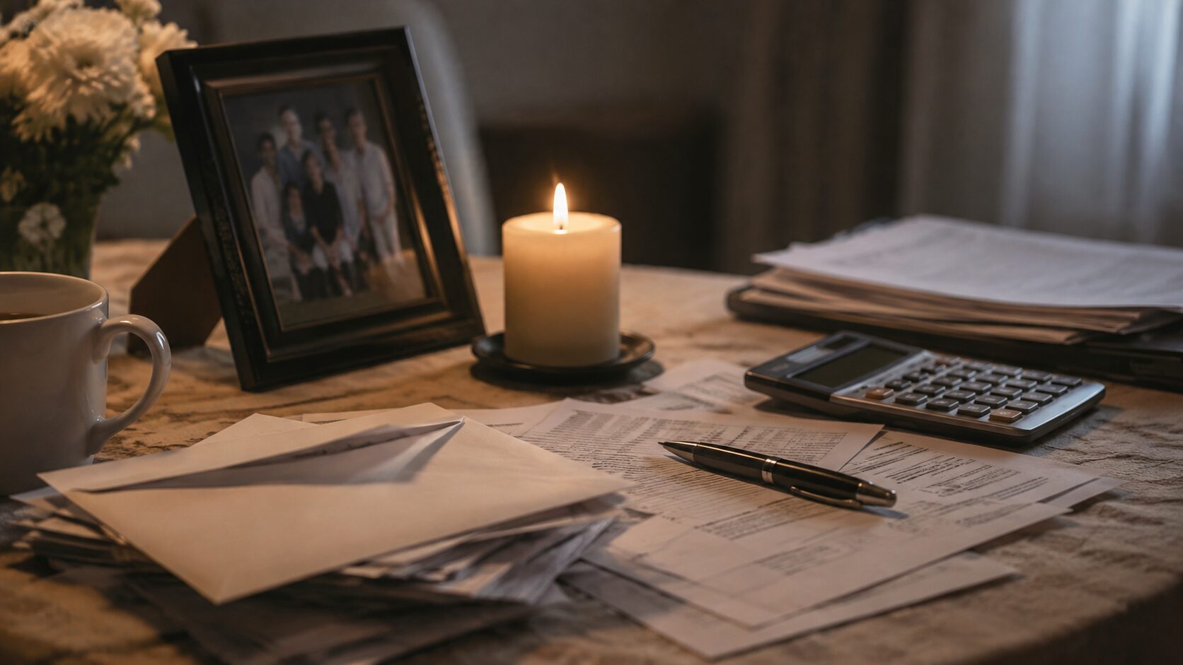 Prižgana sveča ob družinski fotografiji, računih, dokumentih in kalkulatorju po smrti svojca.
