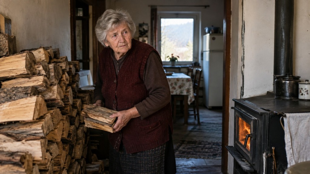 Drva za ogrevanje ob hiši na podeželju kot simbol stroškov ogrevanja v zimskem obdobju.