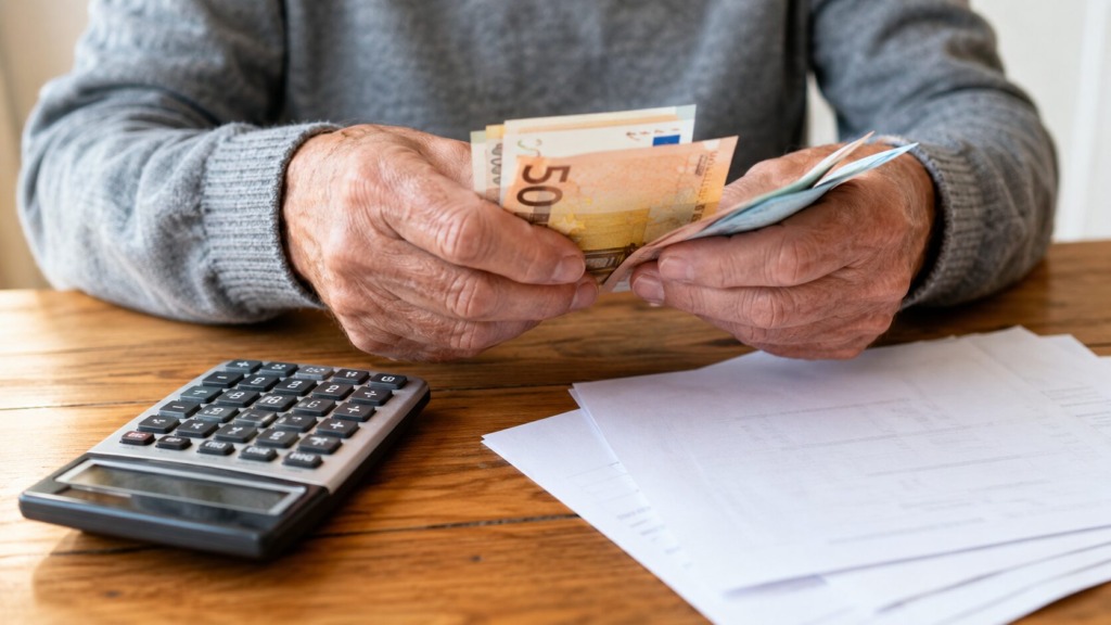 Starejša oseba šteje evrske bankovce ob kalkulatorju in dokumentih za izračun pokojnine.
