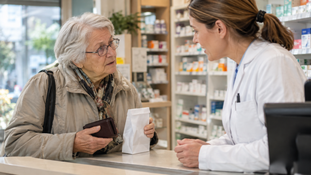 Starejša ženska se v lekarni pogovarja s farmacevtko in drži denarnico.