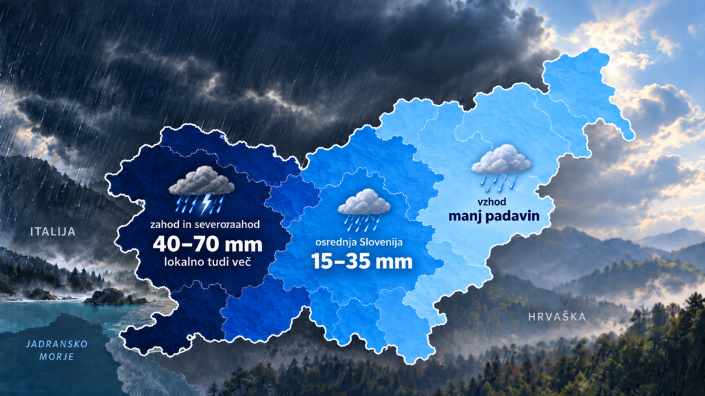 Četrtek bo pokazal zobe: močni nalivi, nevihte in občutno hladnejše vreme – največ padavin bo v tem delu Slovenije