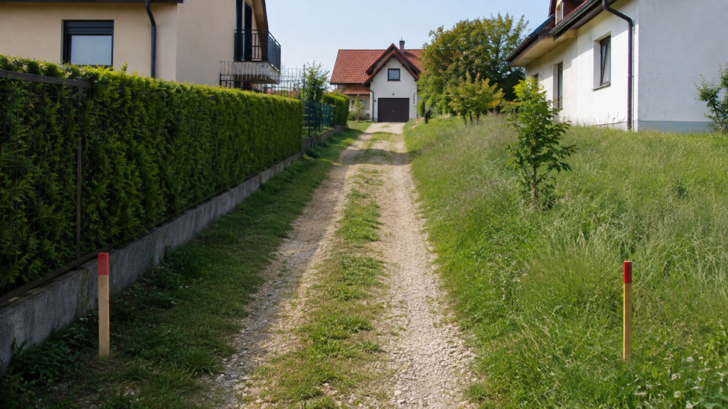 Makadamska služnostna pot med parcelami z označenimi mejami zemljišč
