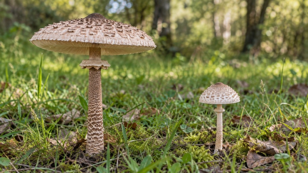 primerjava velike dežnikarice oziroma marele na levi in nevarnega dežničnega dvojnika na desni.