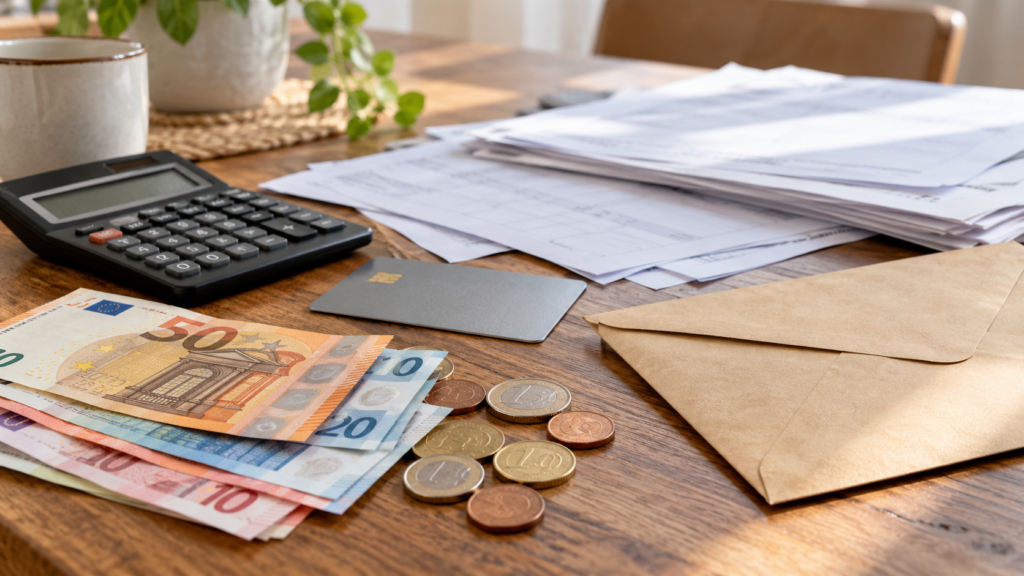 Evri, kalkulator, kartica in kuverta na mizi kot prikaz bančnih obveznosti.