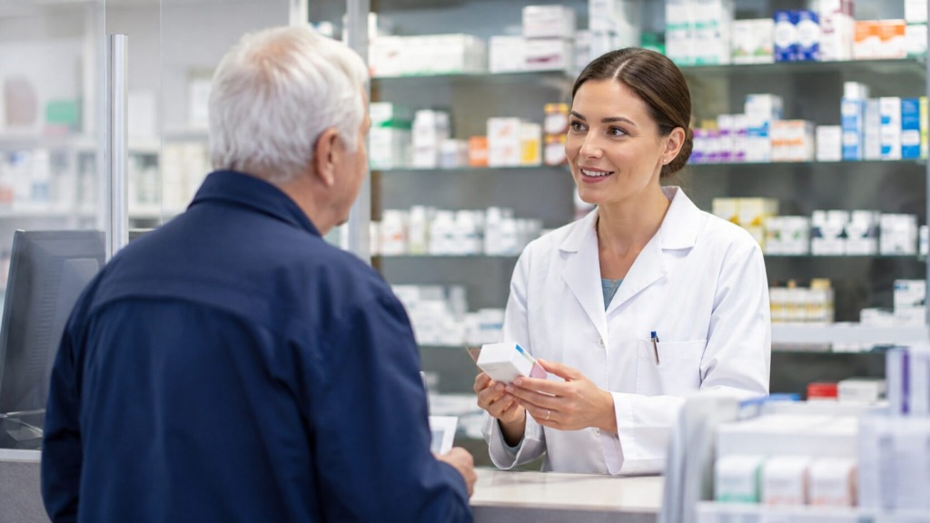 Starejši moški v lekarni med pogovorom s farmacevtko o zdravilih in zdravstvenih stroških.