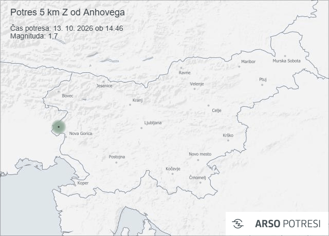 Epicenter potresa pri Anhovem; vir: ARSO