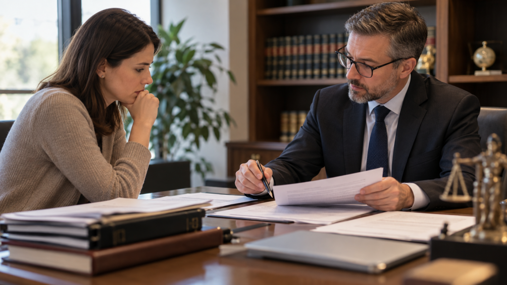 Dedič na posvetu s pravnim strokovnjakom glede dedovanja in dolgov pokojnega starša.