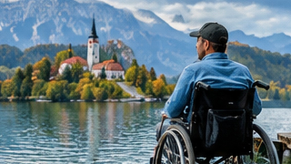 Oseba na invalidskem vozičku uživa ob jezeru in razgledu na turistično znamenitost.