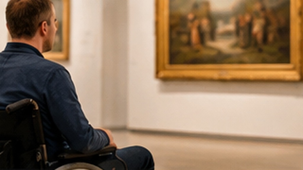 Obiskovalec na invalidskem vozičku si ogleduje umetniške razstave v muzeju.