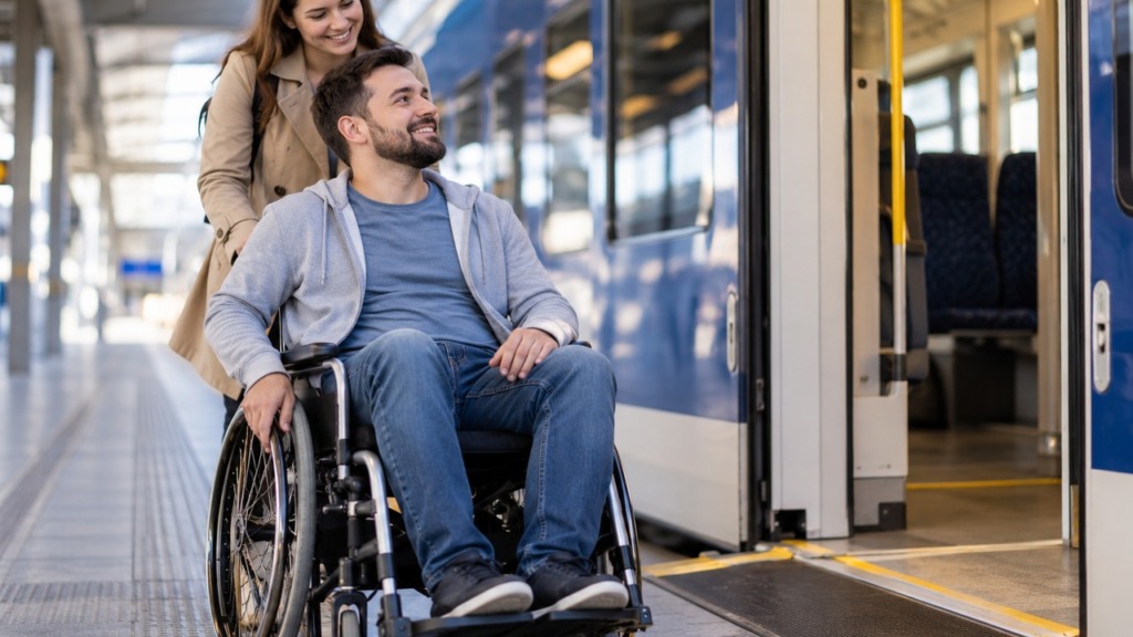 Potnik na invalidskem vozičku s spremljevalko ob vstopu na potniški vlak.