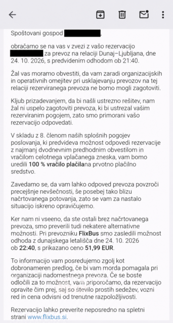 Rezerviral prevoz pri slovenskem prevozniku, nato pa neprijetno presenečenje: »Primorani smo odpovedati vašo rezervacijo«