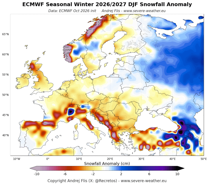 Napoved snežnih padavin za zimo 2026/2027 po modelu ECMWF prikazuje manj snega v Sloveniji in večjem delu Evrope ter lokalno več snega v visokogorju Alp.