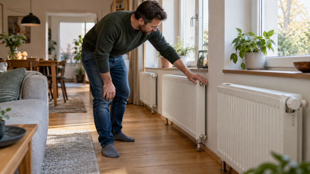 Moški preverja delovanje več radiatorjev v stanovanju pred ogrevalno sezono.