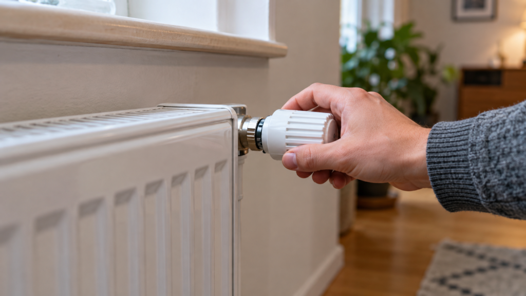 Roka nastavlja termostatski ventil na radiatorju po preverjanju ogrevanja