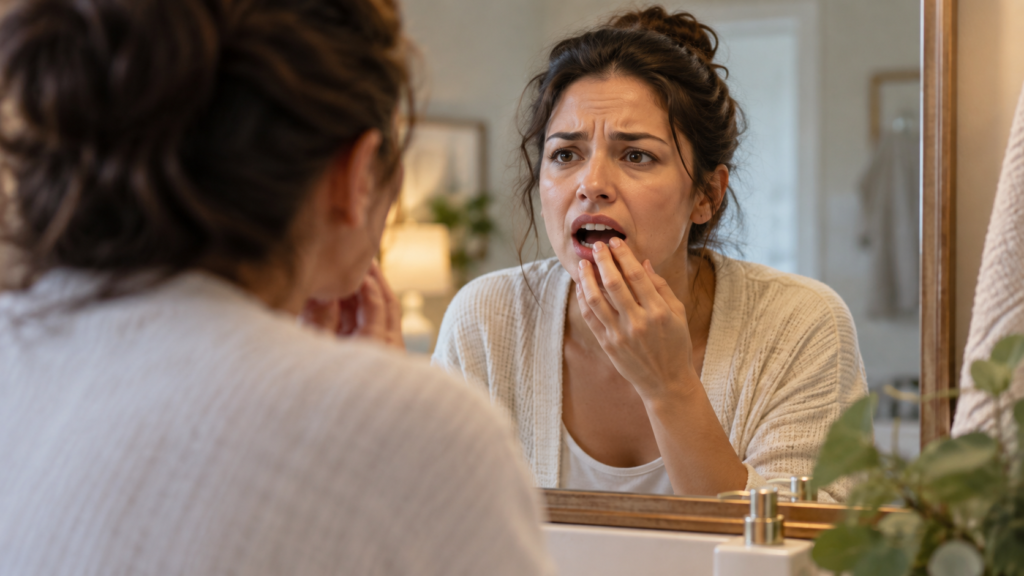 Zaskrbljena ženska v ogledalu preverja svoje zobe po nenavadnih sanjah.