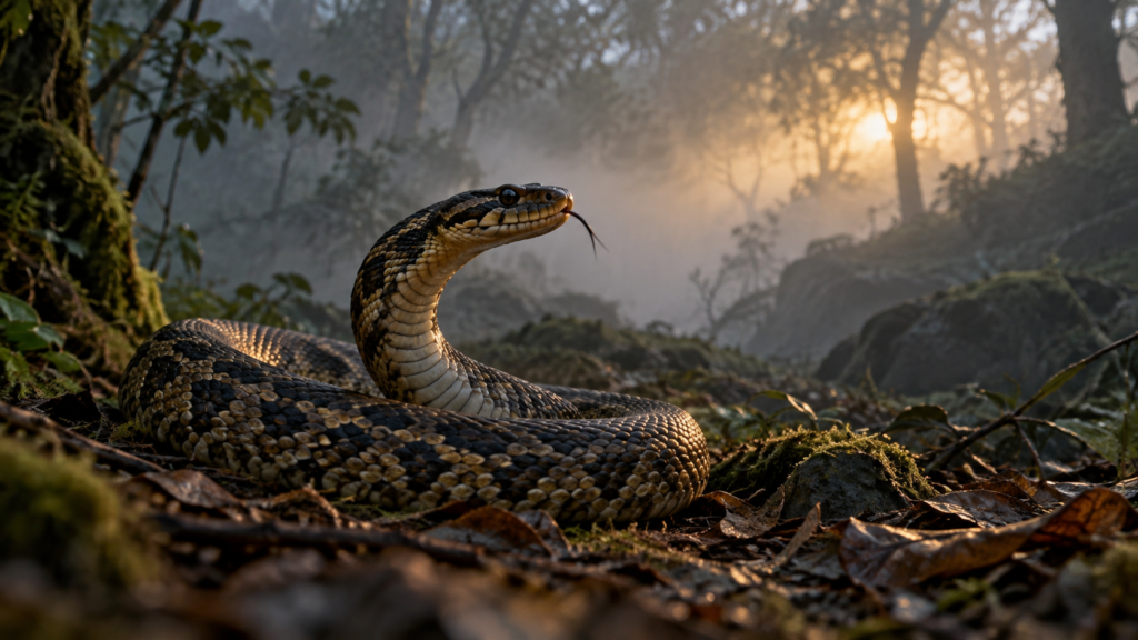 Velika kača v skrivnostnem gozdu kot simbol sanj.