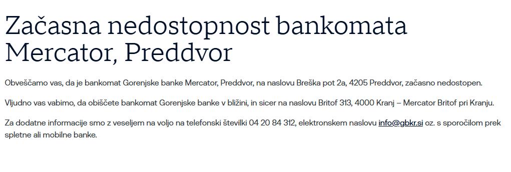Obvestilo Gorenjske banke; vir: Gorenjska banka