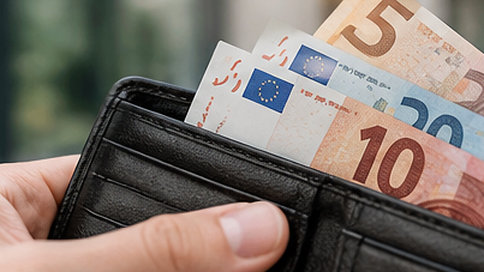 Evrski bankovci v usnjeni denarnici predstavljajo stroške in prihranke pri bančnih računih.