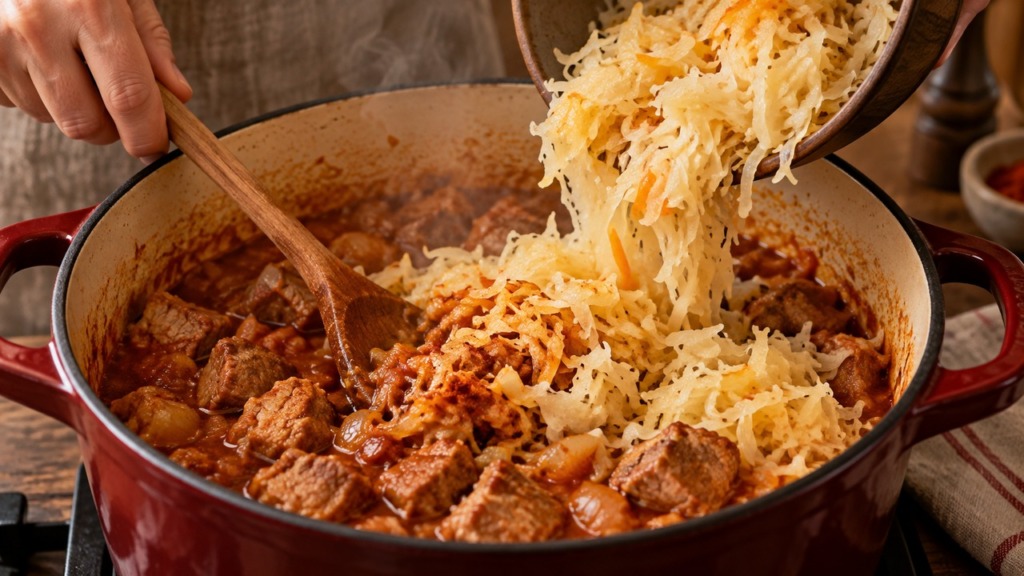 Segedin golaž recept – dodajanje kislega zelja v lonec s svinjskim mesom in omako.