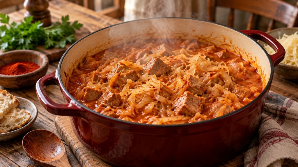 Segedin golaž recept – počasi kuhan domači segedin s svinjskim mesom in kislim zeljem v velikem loncu.