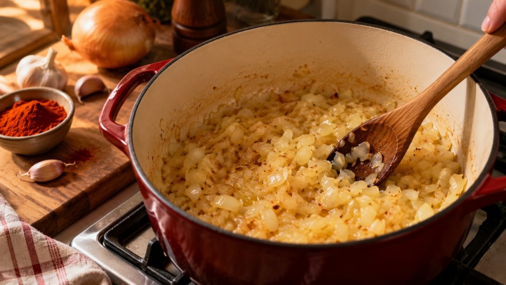 Segedin golaž recept – počasi pražena čebula v rdečem loncu kot osnova za domači segedin.