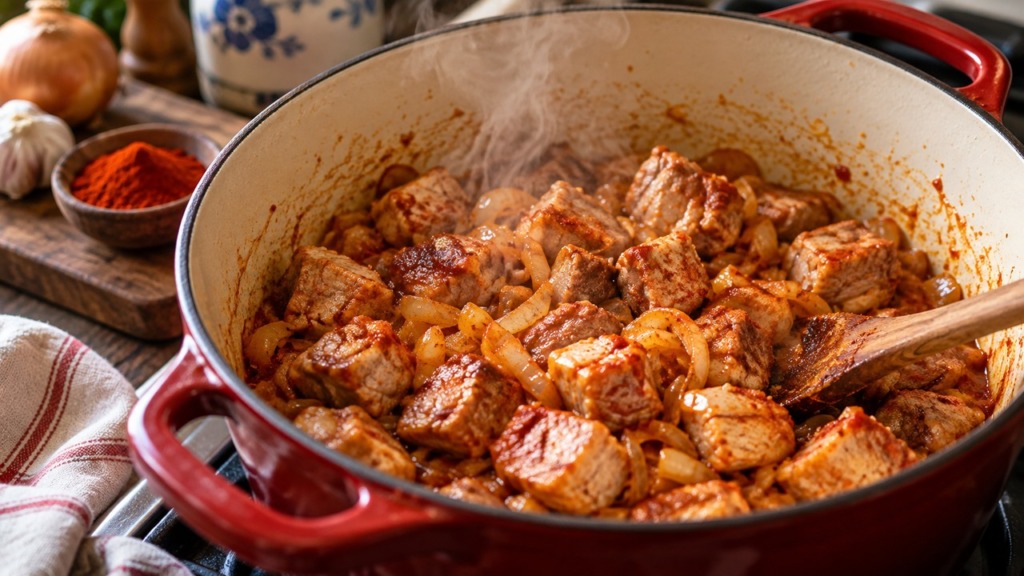 Segedin golaž recept – svinjsko meso med praženjem s čebulo in mleto rdečo papriko.