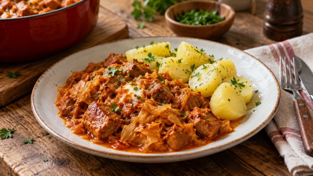 Segedin golaž recept – postrežen domači segedin s svinjskim mesom, kislim zeljem in kuhanim krompirjem.