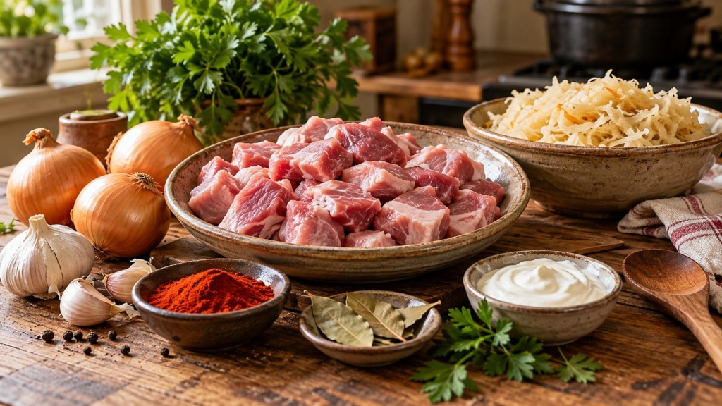 Segedin golaž recept – sveže svinjsko meso, kislo zelje, čebula, česen in začimbe za domači segedin.