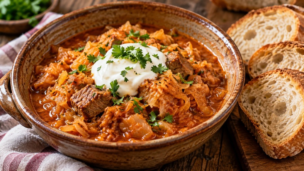 Segedin golaž recept – tradicionalni segedin s kislo smetano in rezinami domačega kruha.