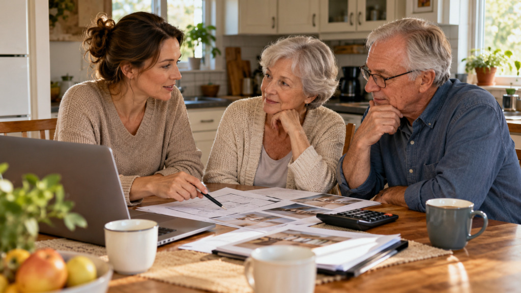 Odrasla hči in starejša starša za mizo pregledujejo načrte prenove družinske hiše.