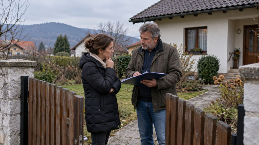 Vračilo socialne pomoči po smrti – dediči pred podedovano hišo preverjajo dokumentacijo o nepremičnini.